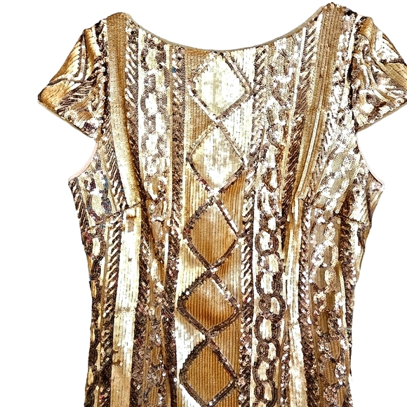 Nwot Adrianna Papell Cable Knit Cap Sleeves Gold Geometric Sequin Cocktail Dress - Picture 11 of 17